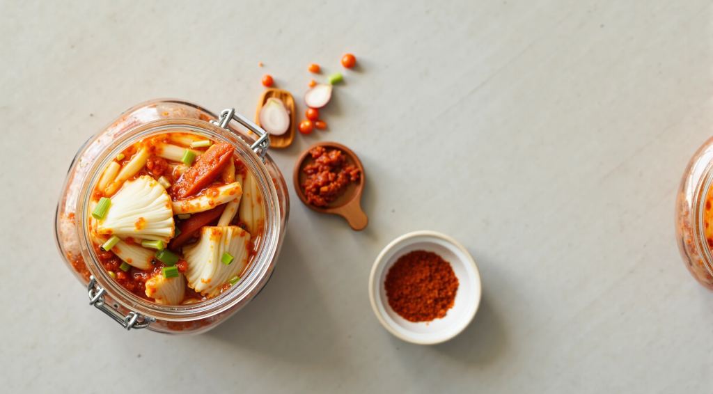 Glas mit frisch angesetztem Kimchi, daneben eine Schale Kimchi und Gochugaru